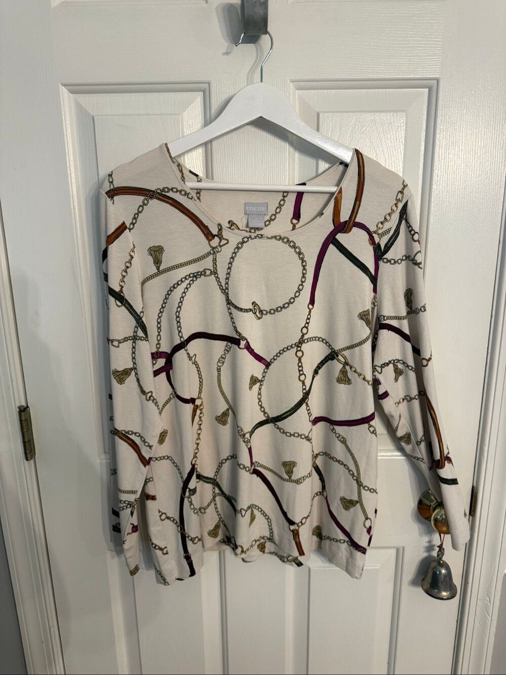 Chicos Cream Equestrian Print Stretch Top sz 3 or L
